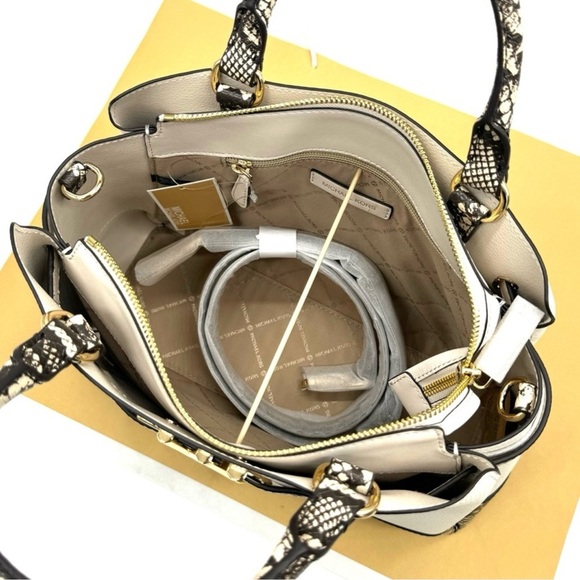 Michael Kors Reed Large Belted Satchel Crossbody Bag Light Cream Snakeskin - Picture 8 of 11